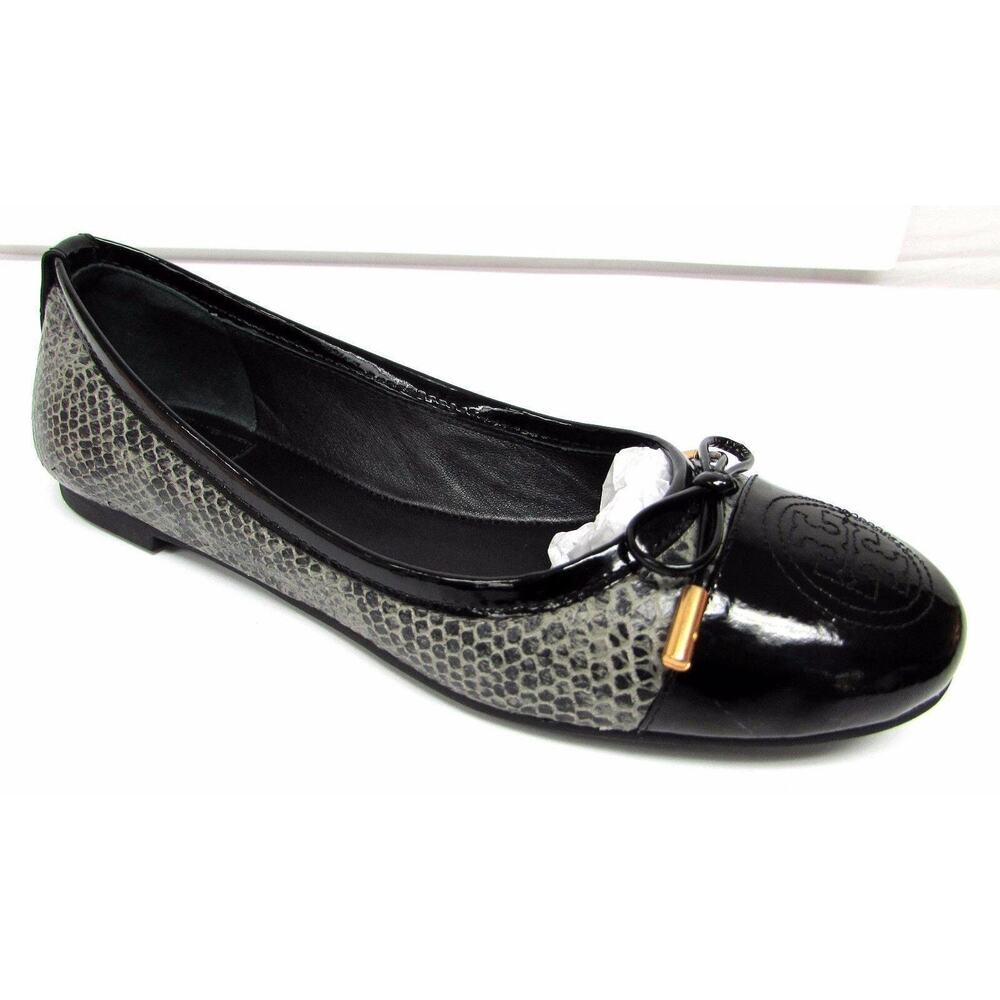 Tory Burch Black Patent and Gray Snake-Print Ballet Flat